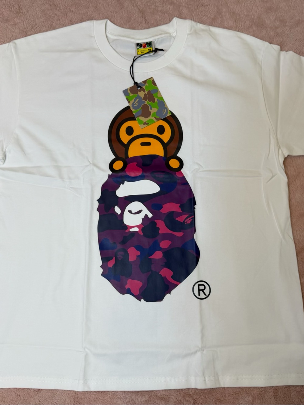 White Short Sleeve Tee with Purple Camo Ape Graphic